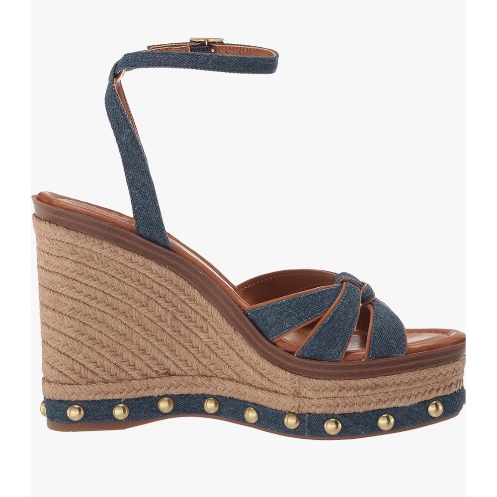 Vince Camuto Poula Denim Espadrille Wedge Sandals Indigo Gold Studded 9M NEW - Picture 10 of 12